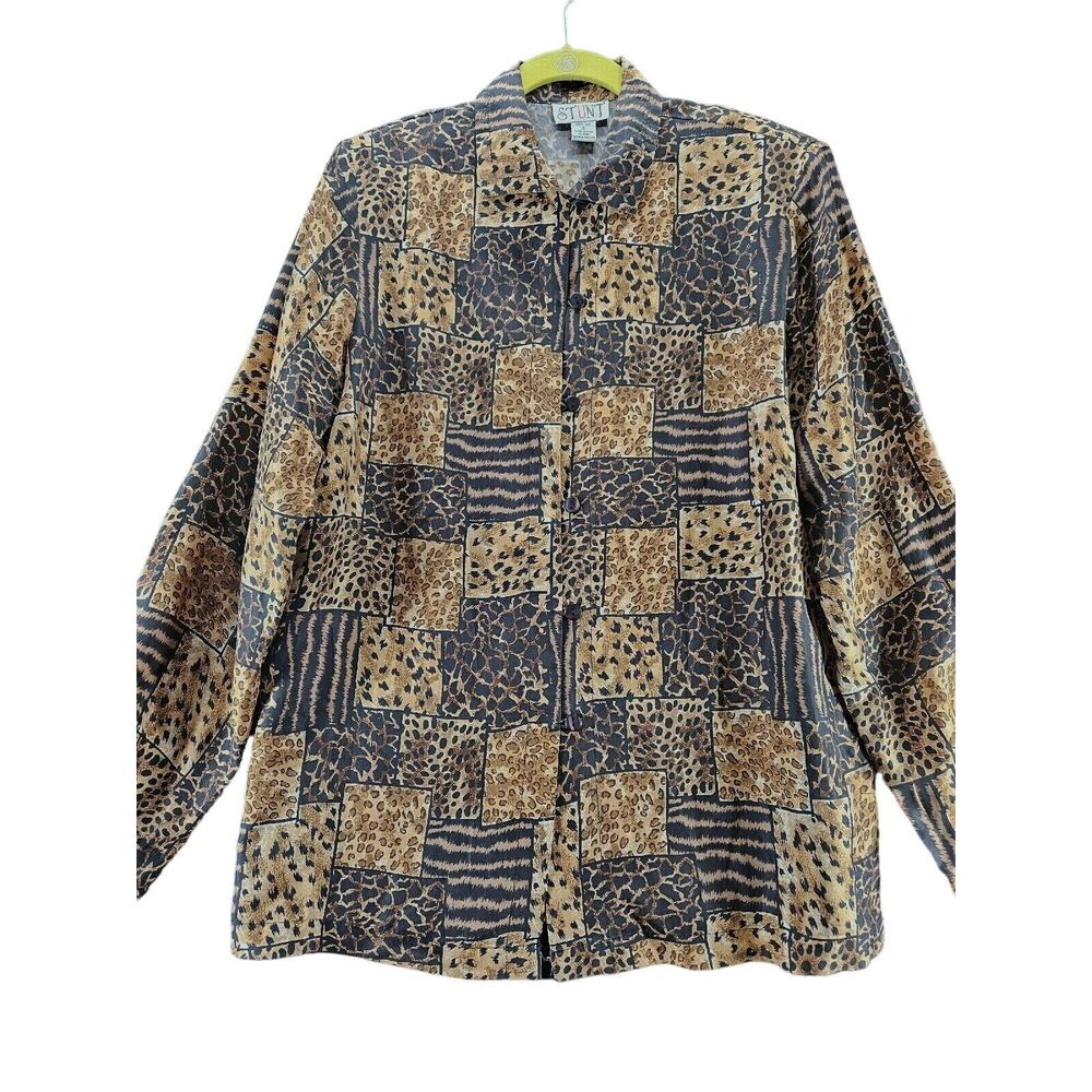 Stunt Womens Blouse Size Small Multi Color 100% Silk Long Sleeve Button Down